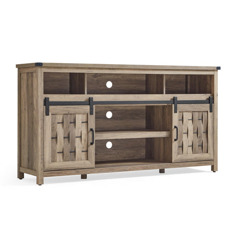 Caffoz Farmhouse Highboy TV Stand for 70" TV, Tall Entertainment Center with Sliding Barn Door, Rustic Media Console with Storage Shelves, Wood TV Stand for Living Room,Light Brown