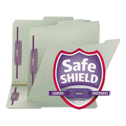 Smead Pressboard Fastener File Folder with SafeSHIELD Fasteners, 2 Fasteners, 2/5-Cut Tab Right of Center Position, Guide Height, 1" Expansion, Letter Size, Gray/Green, 25 per Box (14980)