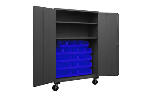 Durham 2502M-BLP-18-2S-5295 Lockable Mobile Cabinet with 18 Blue Hook-On Bins, 2 Adjustable Shelves, Flush Door Style, 48" Wide, 16 Gauge, Gray