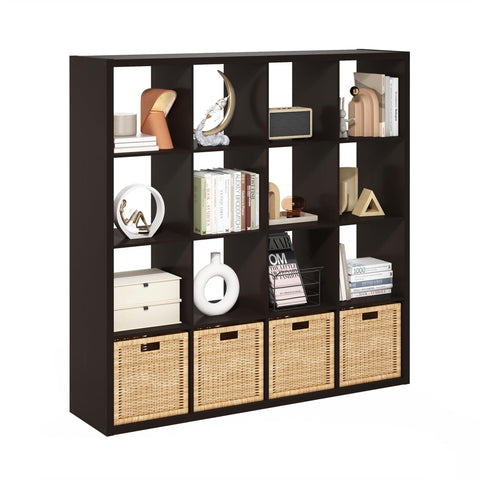 Furinno Cubicle Book Shelf, 16-Cube Bookshelf, Extra Thick Frame Reversible Bookcase with Open Back, 14.6" x 58" x 58", for Living Room, Bedroom, Home Office, Black Dark Oak