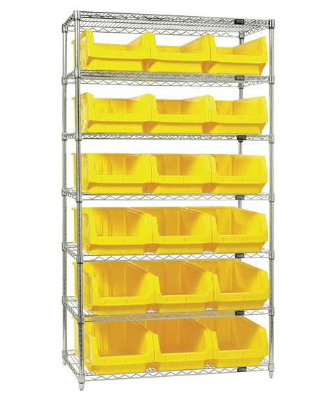 Quantum Storage Systems WR7-532YL 7-Tier Complete Wire Shelving System with 18 QMS532 Yellow Magnum Bins, Chrome Finish, 18" Width x 42" Length x 74" Height