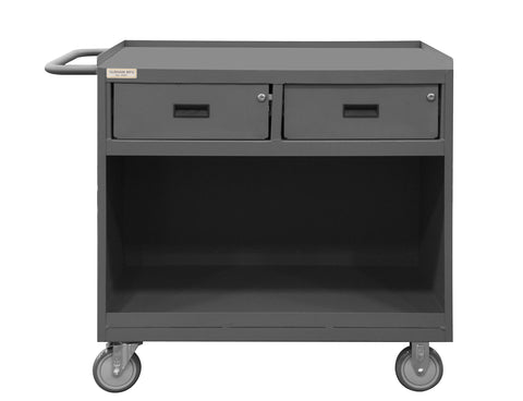 Mobile Bench Cabinet With 5 Inch X 1-1/4 Inch Polyurethane Casters (2) Rigid And (2) Swivel 1 Shelf And 2 Drawers Steel Top Work Surface With Top Lip Down And Tubular Push Handle Gray