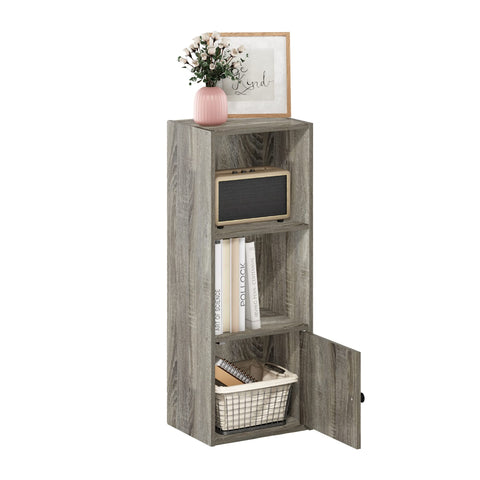 Furinno LUDER Book Shelf, 3-Tier Modern Bookshelf, Bookcase with 1 Door Storage Cabinet, 9.3 x 12 x 31.5, for Organization and Storage, for Living Room, Bedroom, Home Office, French Oak