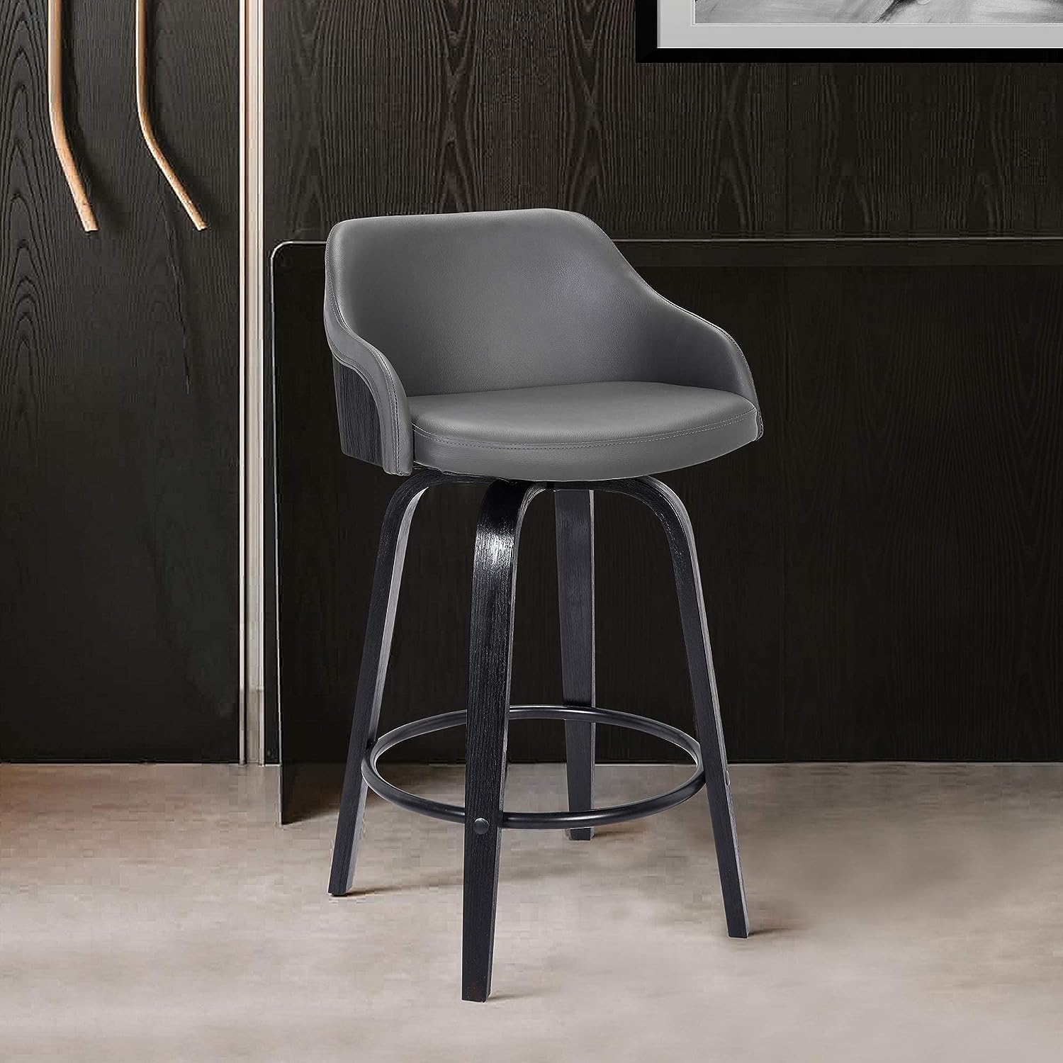 Alec Faux Leather Swivel Barstool, 26" Counter Height, Black and Gray