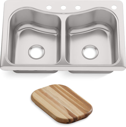 KOHLER Staccato 33" x 22" x 8-5/16" top-mount double-equal bowl kitchen sink with 4 faucet holes