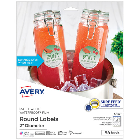 Avery Durable Waterproof Labels, Sure Feed Technology, 2" Diameter, Matte White, Laser/Pigment-Inkjet Printable, 96 Blank Labels, Great for Food Containers, Product Merchandising, and More (5657)