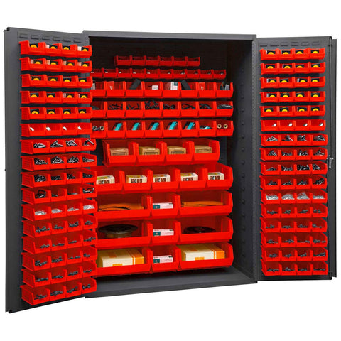 Durham 3502-186-1795 Lockable Cabinet with 186 Red Hook-On Bins, Flush Door Style, 48" Wide, 14 Gauge, Gray