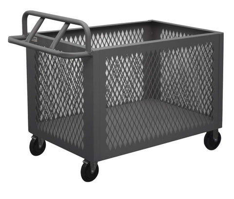 4 Sided Mesh Box Truck With 5 Inch x 1-1/4 Inch Polyolefin Casters (2) Rigid And (2) Swivel With Side Brakes 1 Shelf And Tubular Push Handle Gray