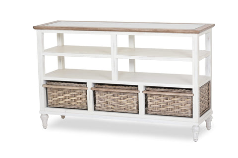 Sea Winds Trading Island Breeze 3-Basket Entertainment Center with Wood Seagrass Baskets Inset Glass Top 52x16x30 Inches White and Brown Distressed Finish