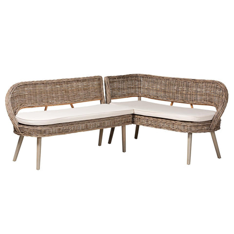 bali & pari Raisa Modern Bohemian Natural Kubu Grey Rattan and Acacia Wood 2-Piece Dining Nook Banquette Set