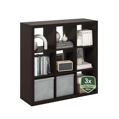 Furinno Cubicle Book Shelf, 9-Cube Bookshelf, Triple Thick Frame Cube Storage Organizer Bookcase, 1.65" Thick, 15.3 x 43.8 x 43.3, for Living Room, Bedroom, Home Office, Black Dark Oak
