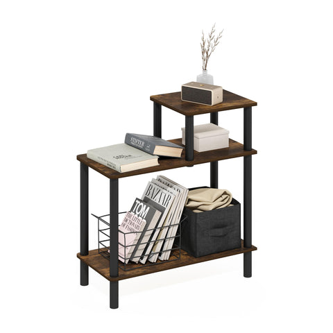 Furinno Turn-N-Tube Side Table, 3-Tier Rectangle Sofa End Table with Open Shelf, Toolless Assembly Night Stand, Bedside Table, for Living Room, Bedroom, Amber Pine