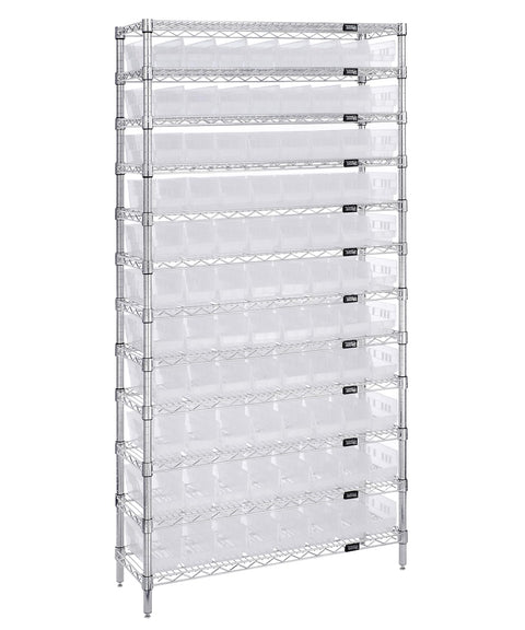 Quantum Storage Systems WR12-105CL 12-Tier Complete Wire Shelving System with 77 QSB105CL Clear-View Economy Shelf Bins, Chrome Finish, 74" Height x 36" Width x 24" Depth