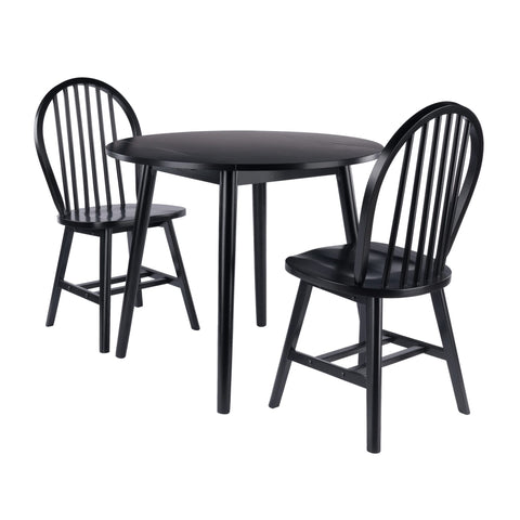 Oakestry Moreno 3-Pc Drop Leaf Dining Set with Windsor Chairs, Solid Wood Round Table with 2 Leaves, Compact Kitchen Set, Black Finish