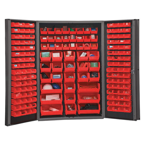 Heavy Duty Cabinet 14 Gauge 48 x 24 x 72 176 Red Bins 4 Inch Deep Box Doors with Louvered Panel Lockable Chrome Handle with Keys Gray