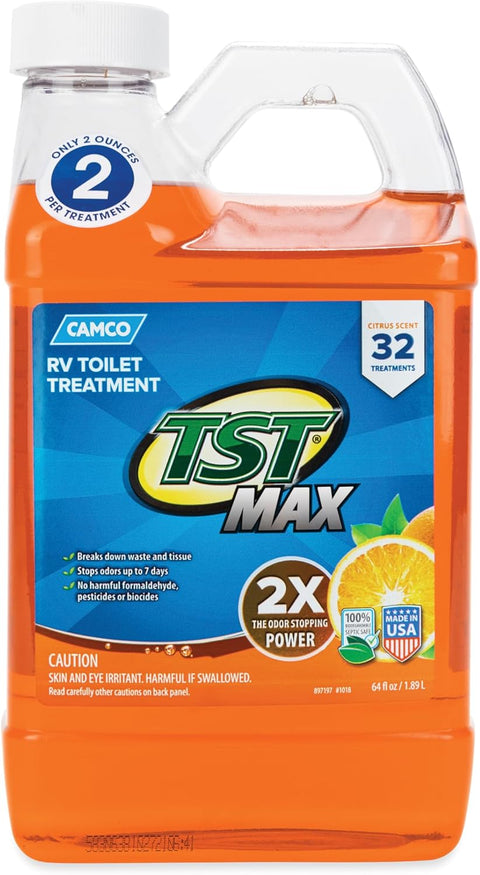 Camco TST MAX Camper/RV Toilet Treatment - Features Septic Safe Formula & Stops Odors Up to 7 Days – Orange Scent, 64 oz (41195)