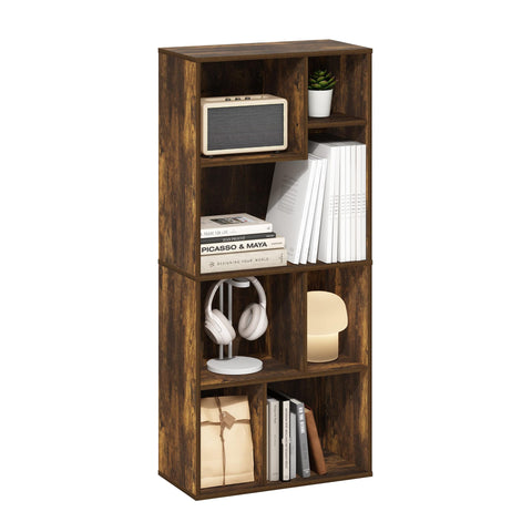 Furinno DALY Book Shelf, 7-Cube Bookshelf, Cube Storage Organizer Bookcase with Irregular Compartments, 9.4 x 18.9 x 42.1, for Living Room, Bedroom, Home Office, Amber Pine