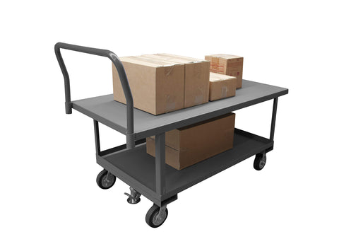 Platform Truck Work Height 12 Gauge 2000 lbs Capacity Floor lock 2 Shelves 24 x 48 Lipped/Flush Combination Shelves 6 x 2 Mold-On Rubber Casters - (2) Rigid (2) Swivel Gray