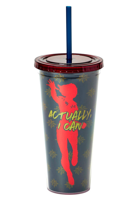 Marvel's Captain Marvel "Actually I Can" 16-Oz PVC Tumbler With Lid & Straw - Fun Avengers Plastic Screw-Top Travel Cup - Great Gift For Superhero Fan - Perfect Reusable Portable Drink Container