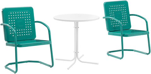 Bates 3Pc Retro Outdoor Bistro Set Turquoise Gloss/White Satin - Bistro Table & 2 Armchairs