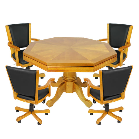 Hathaway Kingston 3 in 1 Octagon Poker Table, Dining & Bumper Pool Table for Game Rooms – Durable Hardwood & Padded Playing Surface – Includes 4 Chairs, Cues, Balls, Chalk, Brush – Oak Finish