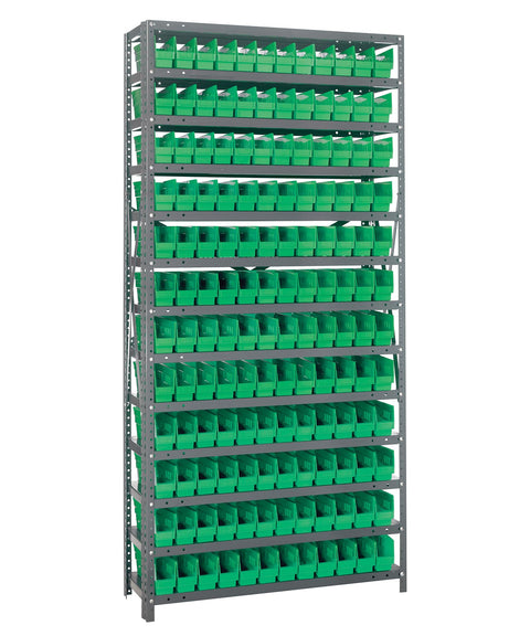 Quantum Storage Systems 1275-100GN Solid Heavy Duty 13 Shelves 144 Economy Green Bins 75" H x 36" W x 12" D