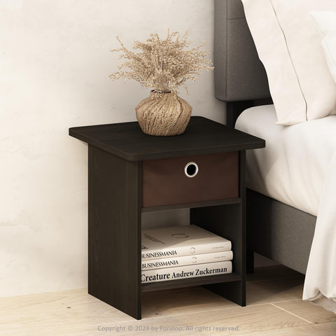 Furinno TIDUR Night Stand, Square Round Corner Nightstand with Storage Bin, Bedside Table, End Table, Side Table with Storage Shelf, for Bedroom, Closet, Dorm, Espresso