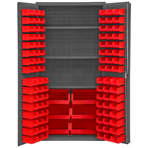 Durham 3501-BDLP-102-3S-1795 Lockable Cabinet with 102 Red Hook-On Bins, 3 Adjustable Shelves, Flush Door Style, 36" Wide, 14 Gauge, Gray