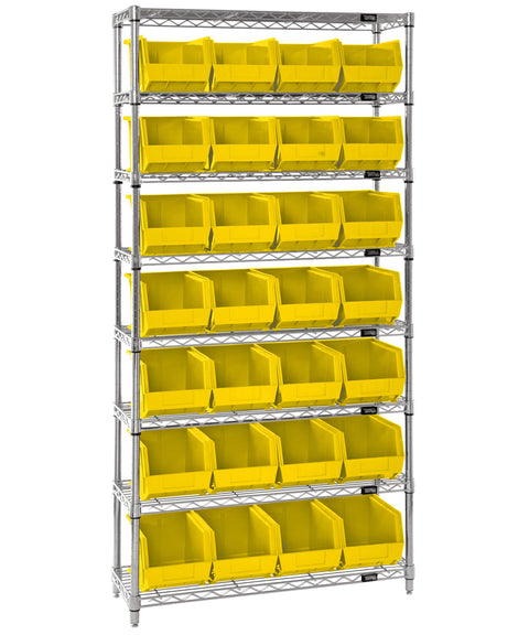 Quantum Storage Systems WR8-239YL 8-Tier Complete Wire Shelving System with 28 QUS239 Yellow Giant Open Hopper Bins, Chrome Finish, 12" Width x 36" Length x 74" Height