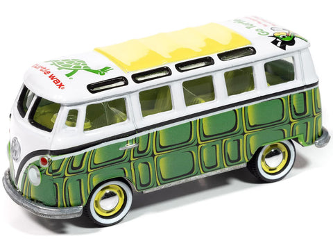 Johnny Lightning 1965 Samba Bus White and Green with Graphics Pop Culture 2025 Release 1 1/64 Diecast Model Car JLPC016-JLSP409