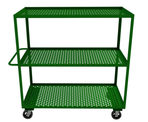 Garden Cart With 6 Inch x 2 Inch Mold-On-Rubber Casters (2) Rigid And (2) Swivel 3 Perforated Shelves 1-1/2 Inch Lips Up And Tubular Push Handle Green