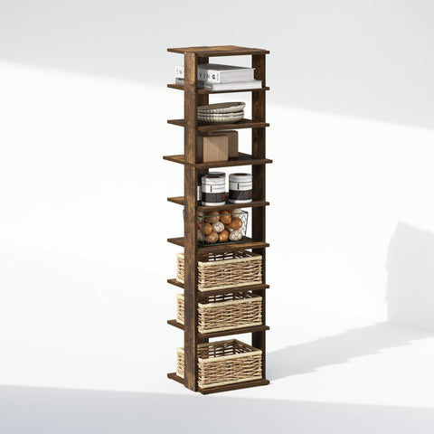 Furinno Compact 9-Tier Vertical Space Saving Free Standing Corner Shelf Display Rack Amber Pine