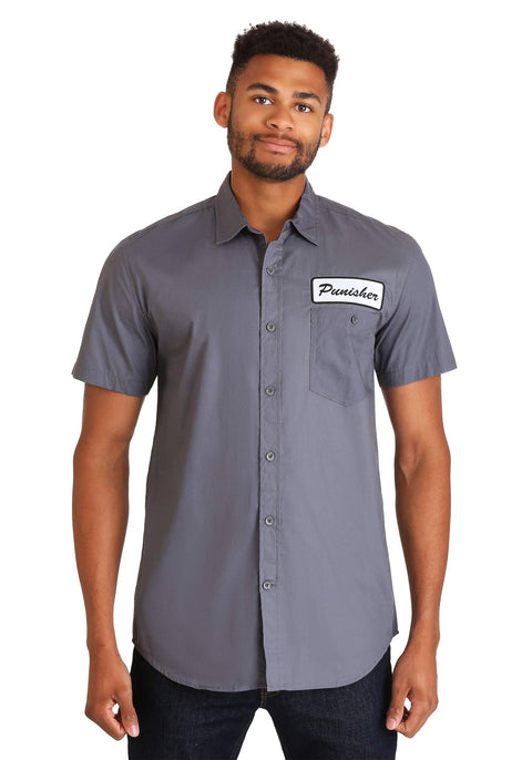 Marvel The Punisher Men's Punisher One Man Army Button Up Work Shirt, Charcoal, Small