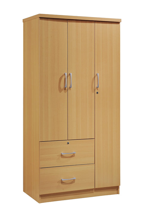 Hodedah 3-Door Armoire with 2-Drawers, 3-Shelves in Beech