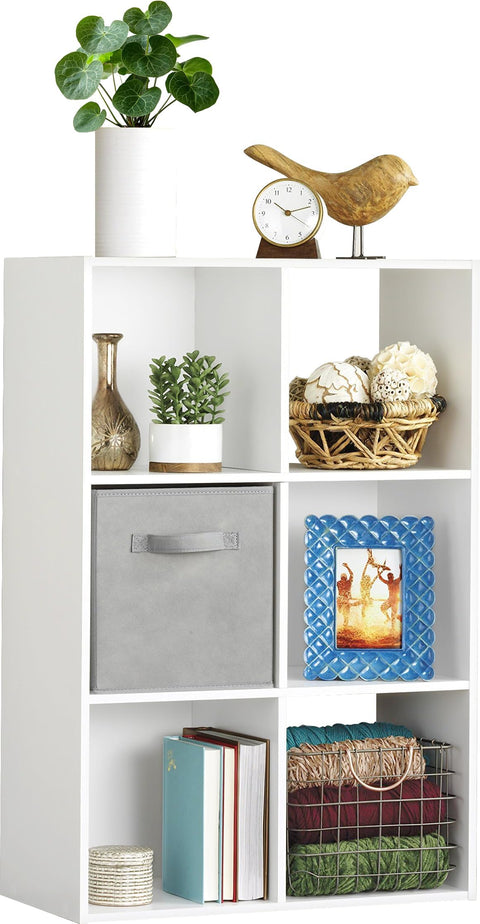 Whitmor 6 Cube Storage Organizer, 3 Tier Stackable MDF Wood Bookcase, Open Storage Display Bookshelf, Storage Cabinet for Living Room, Bedroom, Home, Office, 23.7" L x 11.7" W x 35.2" H, White