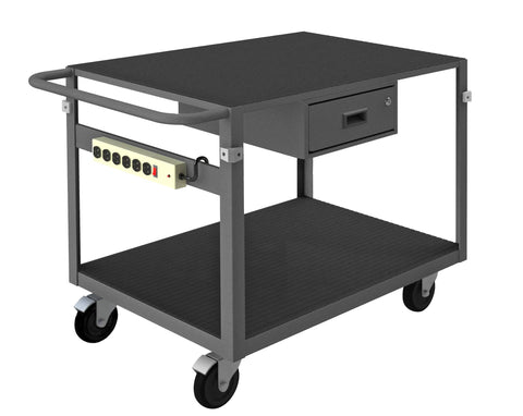 Instrument Cart 14 Gauge Steel 2 Shelves 24 x 36 1000 lbs. Capacity Wood Top w/ Vinyl Matting Cover Corner Bumpers Power Strip (4) Swivel w/ Side Brakes - 5 x 1-1/4 Polyolefin Casters Gray