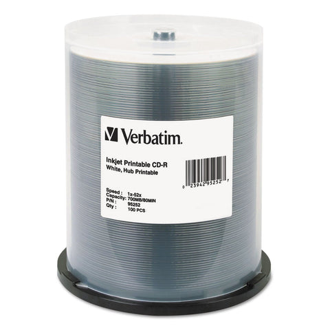 Verbatim CD-R Printable Recordable Disc, 700 MB, 52x, Spindle, White, 100/Pack