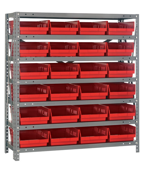 Quantum Storage Systems 1239-107RD Solid Heavy Duty 7 Shelves 24 Economy Red Bins 39" H x 36" W x 12" D