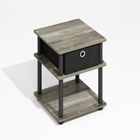 Furinno Turn-N-Tube Side Table, 3-Tier Square Modern End Table with Storage Bin, Open Shelf Night Stand, Bedside Table, Easy Assembly, Grey Oak/Black/Black