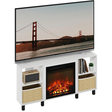 Oakestry Corner TV Stand with Electric Fireplace, Solid White Finish, 4 Open Storage Compartments, Entertainment Center for TVs up to 55 Inches