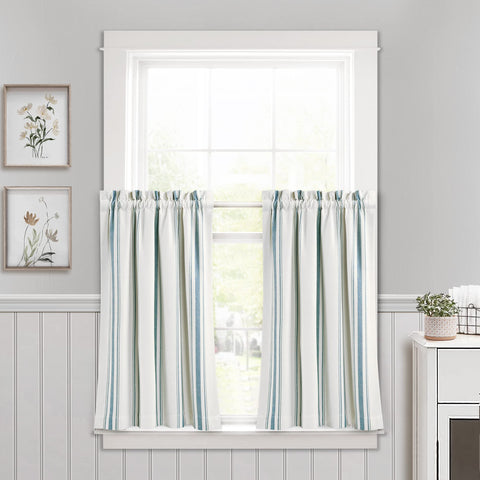 Lush Decor Farmhouse Stripe Yarn Dyed Recycled Cotton Window Curtain Kitchen Tiers, Pair, 36" W x 29" L, Blue - Classic Modern Rustic Charm - Eco Friendly Cotton Fabric