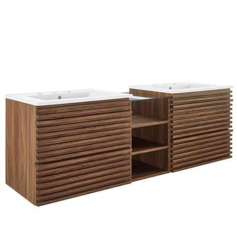Modway Render 62 Inch Mid-Century Modern Floating Bathroom Vanity with Double Sink in Walnut White – Wall-Mount Vanity with Storage Cabinet and Dual Ceramic Sinks