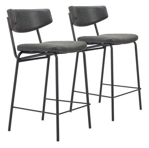 Zuo Charon Counter Stool (Set of 2) Vintage Black, Black Counter Stool, Modern Style, Faux Leather, Plush and Durable Faux Leather Fabric, Plywood, Indoor Bar, 18.5" W x 22.4" D x 36.2" H