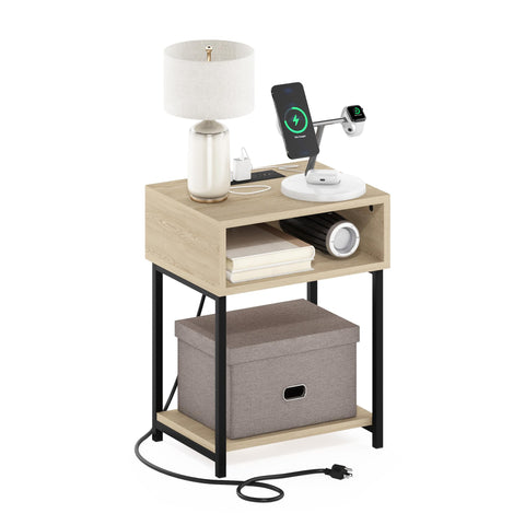 Furinno Moretti Side Table, 3-Tier End Table with Charging Station, Metal Frame Night Stand, Bedside Table with USB and Type-C Charging Port, for Living Room, Bedroom, Bauhaus Oak