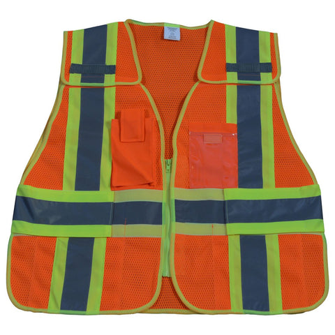 Petra Roc OVM2-PSV-SUPER Public Safety Vest, ANSI-107 Class 2, Two Tone Orange Mesh / Lime Contrast, 5-pt Breakaway with Non-Velcro Breakaway Zipper & Adjustable Side Belts, 5 Pockets Including A Cell & Clear ID Pocket, Super (6X-8X)
