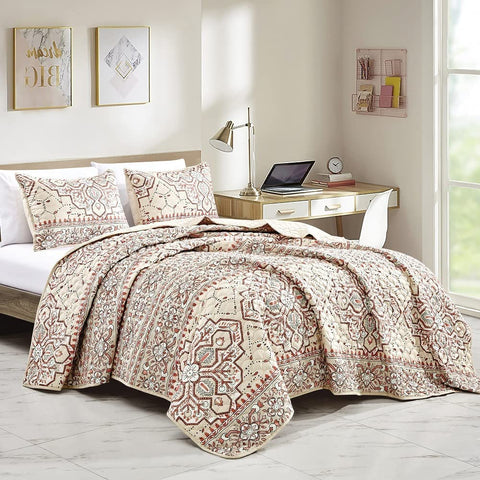 Jaba/WPM Quilt Set Medallion Printed Size Bedspread, Beige Taupe Burgundy Medallion Pattern Reversible Coverlet Luxury Bed Cover, 1 Quilts and 2 Shams- Massarra 22365 (Queen)