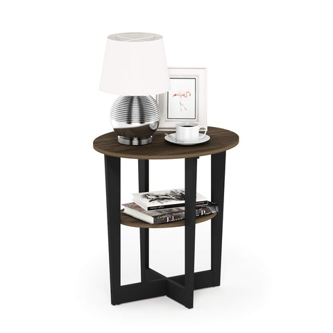 Furinno JAYA Side Table, 2-Tier Round Modern End Table with Oval Tabletop, Night Stand, Bedside Table with Open Shelf, for Living Room, Bedroom, Columbia Walnut