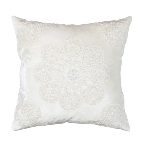 Pasargad Home Naples Embroidered Throw Pillow, 20" x 20" Decorative Pillow for Sofa Couch Bed Living Room, Ivory/Silver