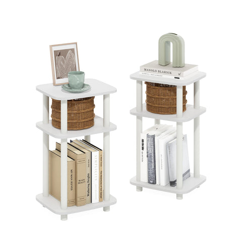 Furinno JUST Side Table Set of 2, 3-Tier Turn-N-Tube End Table with Open Shelf, Round Curve Corner Night Stand, Bedside Table, Easy Assembly, for Living Room, Bedroom, White