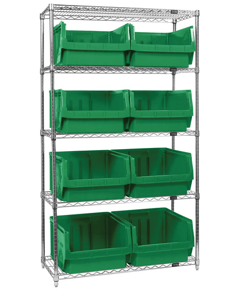 Quantum Storage Systems WR5-543GN 5-Tier Complete Wire Shelving System with 8 QMS543 Green Magnum Bins, Chrome Finish, 18" Width x 42" Length x 74" Height